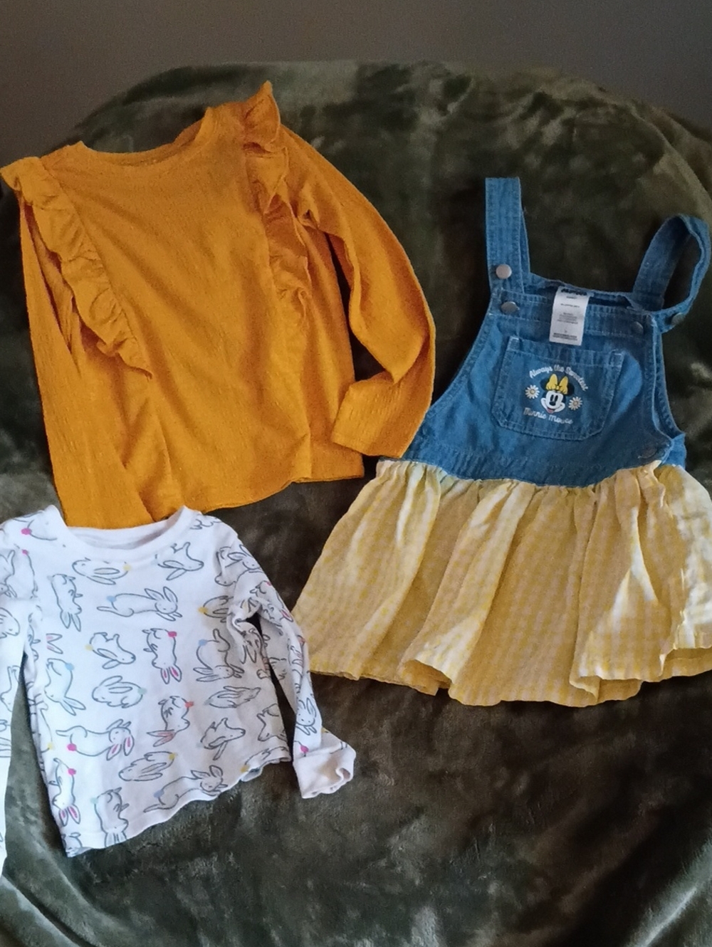 A244 Minnie Overall Dress with Yellow Gingham Skirt & Mustard Ruffle W/Bunny Top
